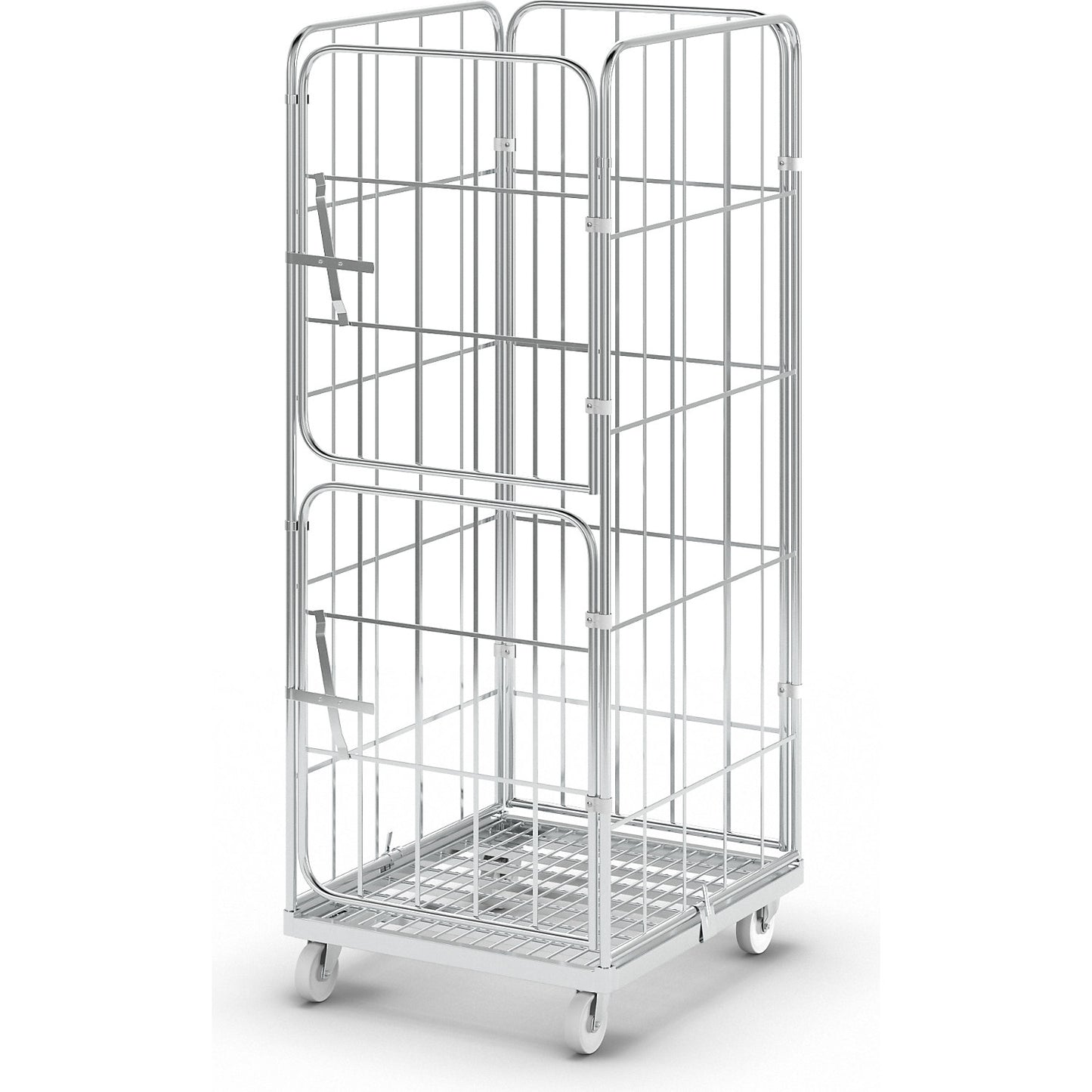 Steel roll container, 4-sided, overall height 1830 mm, 2 half front panels, individually hinged.