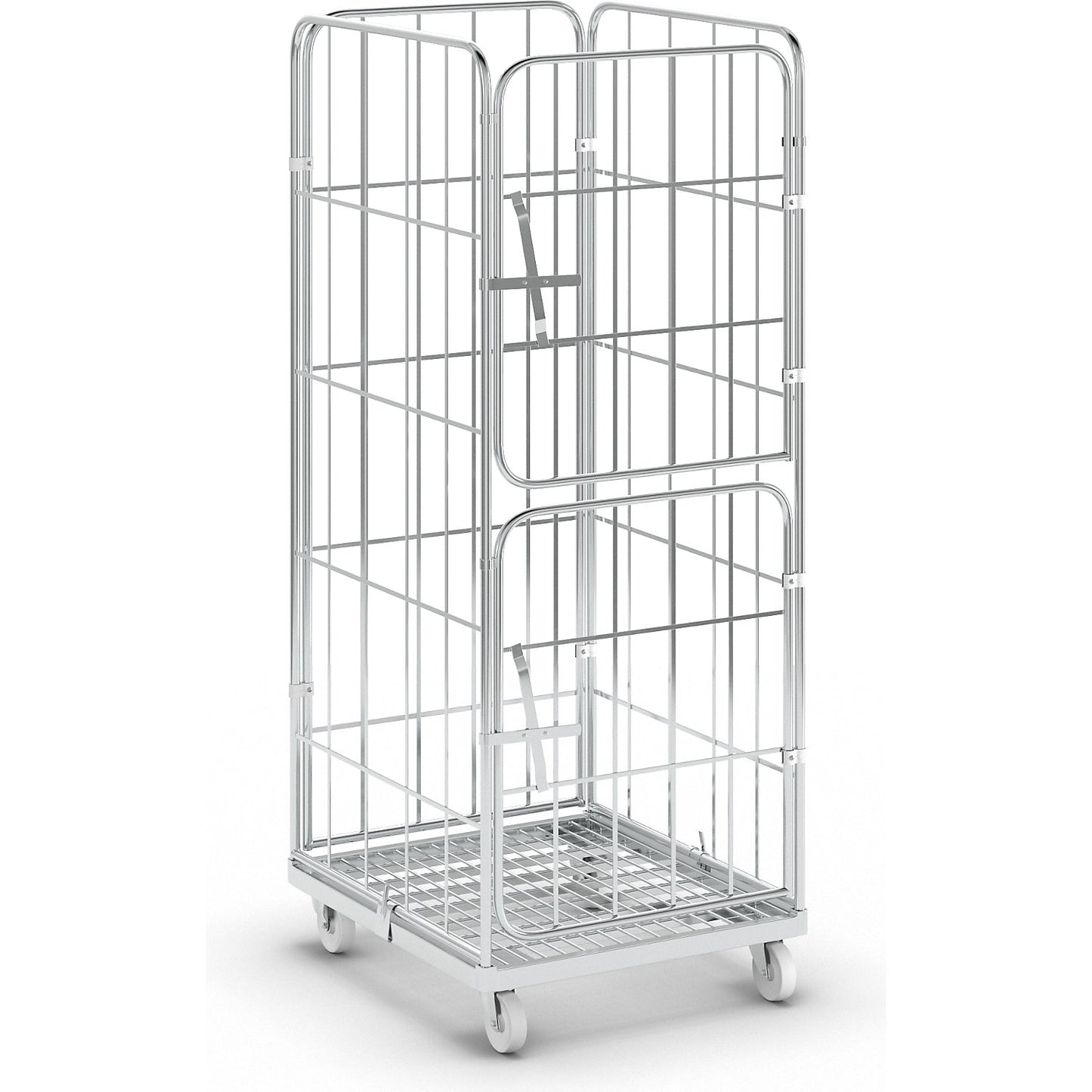 Steel roll container, 4-sided, overall height 1830 mm, 2 half front panels, individually hinged.