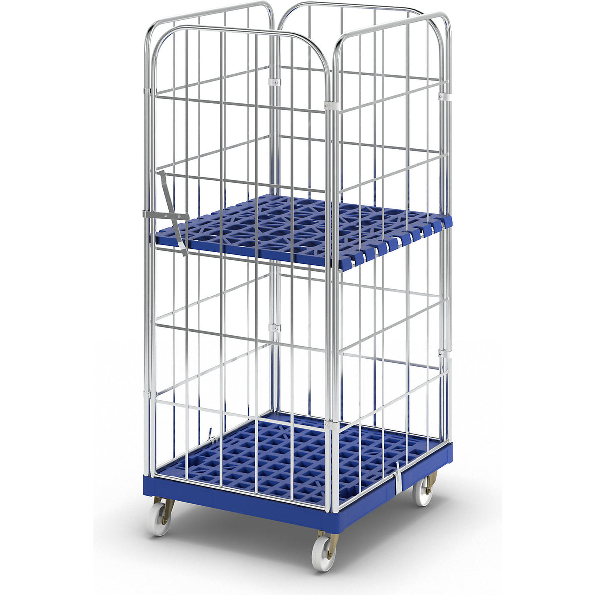 Roll container with plastic dolly, 4 sided, WxD 724 x 815 mm, single piece front panel, effective height 1650 mm.