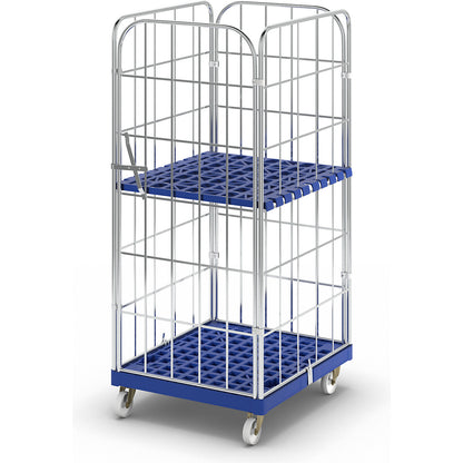 Roll container with plastic dolly, 4 sided, WxD 724 x 815 mm, single piece front panel, effective height 1650 mm.