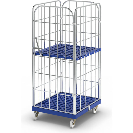 Roll container with plastic dolly, 4 sided, WxD 724 x 815 mm, single piece front panel, effective height 1650 mm.