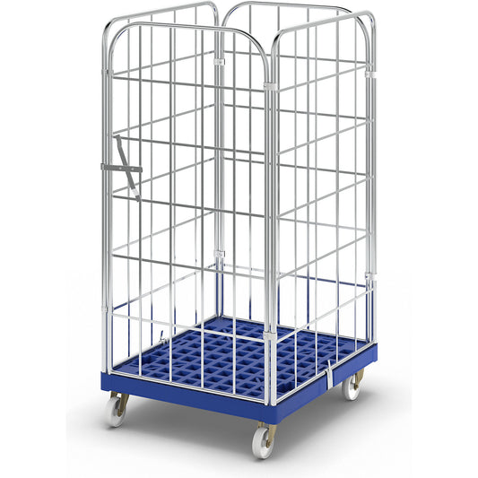Roll container with plastic dolly, 4 sided, WxD 724 x 815 mm, single piece front panel, effective height 1460 mm.