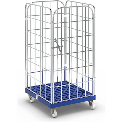 Roll container with plastic dolly, 4 sided, WxD 724 x 815 mm, single piece front panel, effective height 1460 mm.