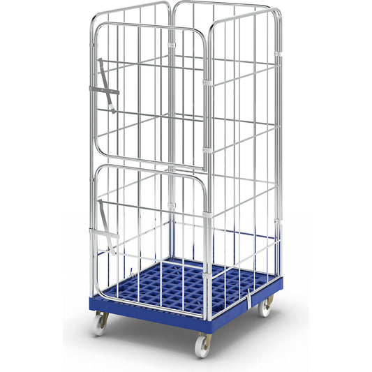 Roll container with plastic dolly, 4 sided, WxD 724 x 815 mm, 2 half front panels, effective height 1650 mm.