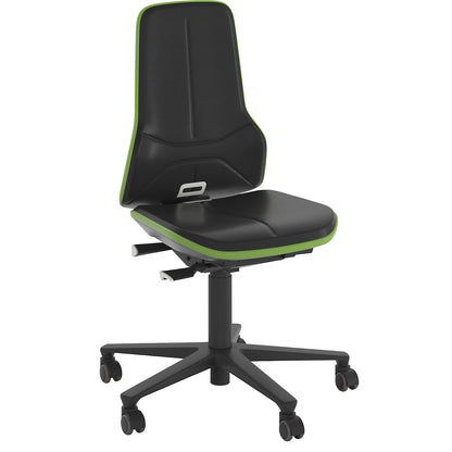 NEON industrial swivel chair, castors, permanent contact mechanism, skintec, green bumper.