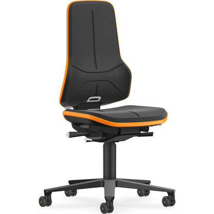 NEON ESD industrial swivel chair, castors, synchronous mechanism, skintec, orange bumper.