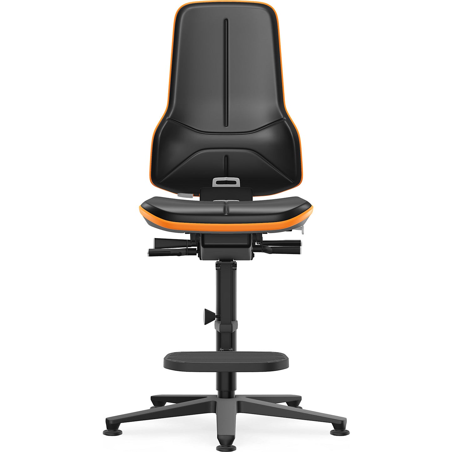 NEON industrial swivel chair, floor glides, step-up, synchronous mechanism, vinyl, orange bumper.