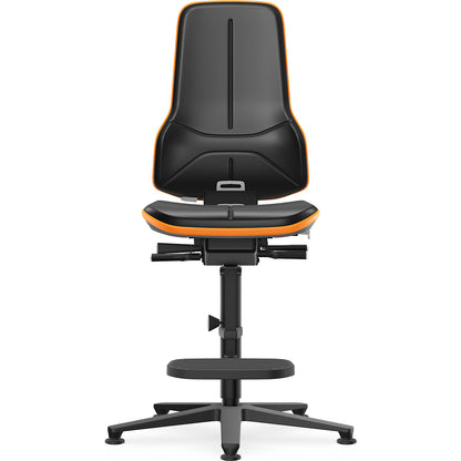 NEON industrial swivel chair, floor glides, step-up, synchronous mechanism, vinyl, orange bumper.