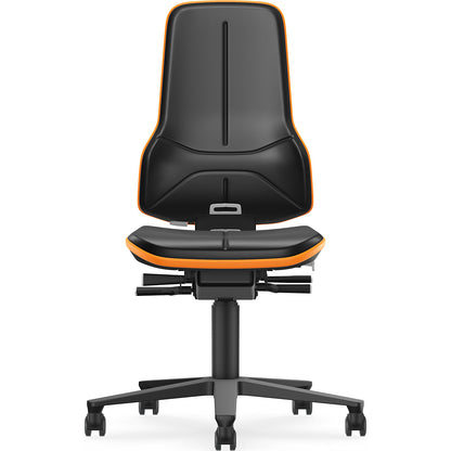 NEON ESD industrial swivel chair, castors, synchronous mechanism, vinyl, orange bumper.
