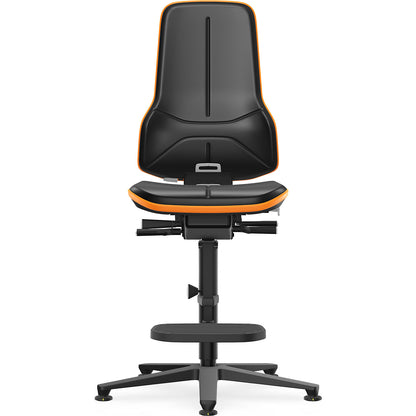 NEON ESD industrial swivel chair, floor glides, step-up, synchronous mechanism, vinyl, orange bumper.