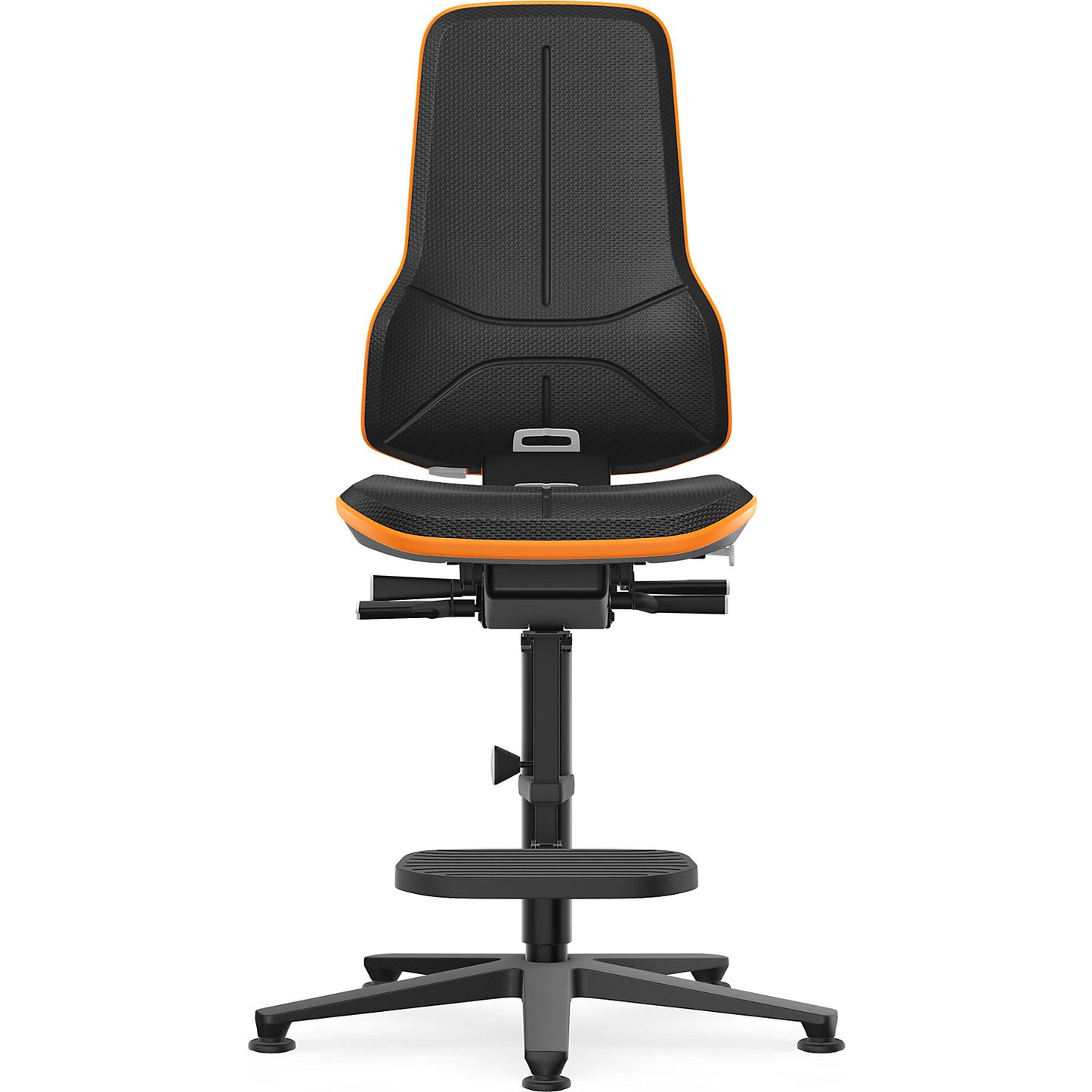 NEON industrial swivel chair, floor glides, step-up, synchronous mechanism, skintec, orange bumper.