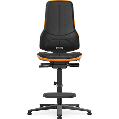 NEON industrial swivel chair, floor glides, step-up, synchronous mechanism, skintec, orange bumper.