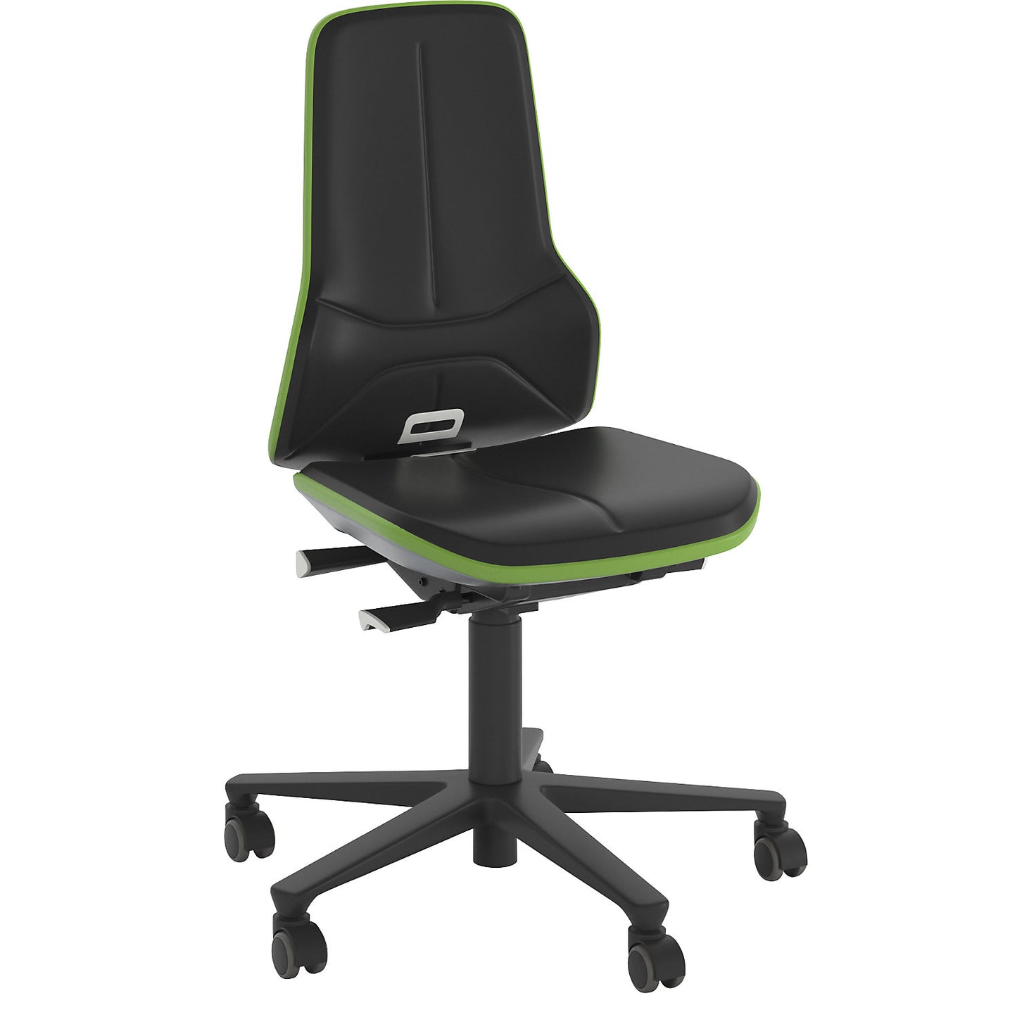NEON industrial swivel chair, castors, synchronous mechanism, vinyl, green bumper.