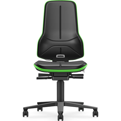 NEON ESD industrial swivel chair, castors, synchronous mechanism, vinyl, green bumper.