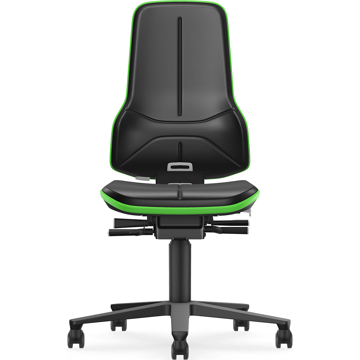 NEON ESD industrial swivel chair, castors, synchronous mechanism, vinyl, green bumper.