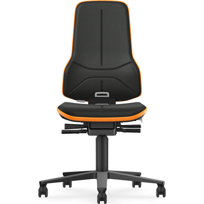 NEON ESD industrial swivel chair, castors, synchronous mechanism, fabric, orange bumper.