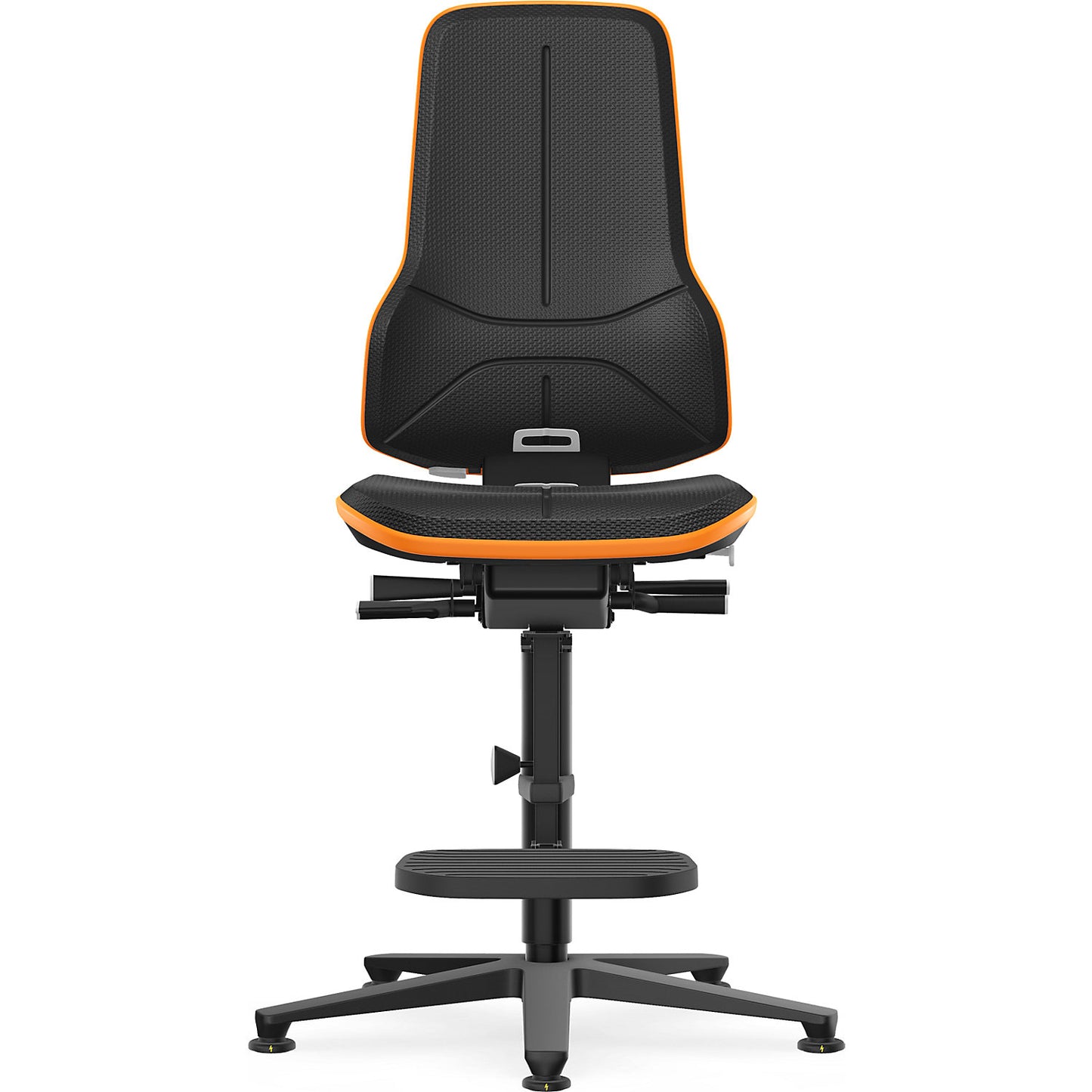 NEON ESD industrial swivel chair, floor glides, step-up, synchronous mechanism, skintec, orange bumper.