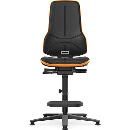 NEON ESD industrial swivel chair, floor glides, step-up, synchronous mechanism, skintec, orange bumper.