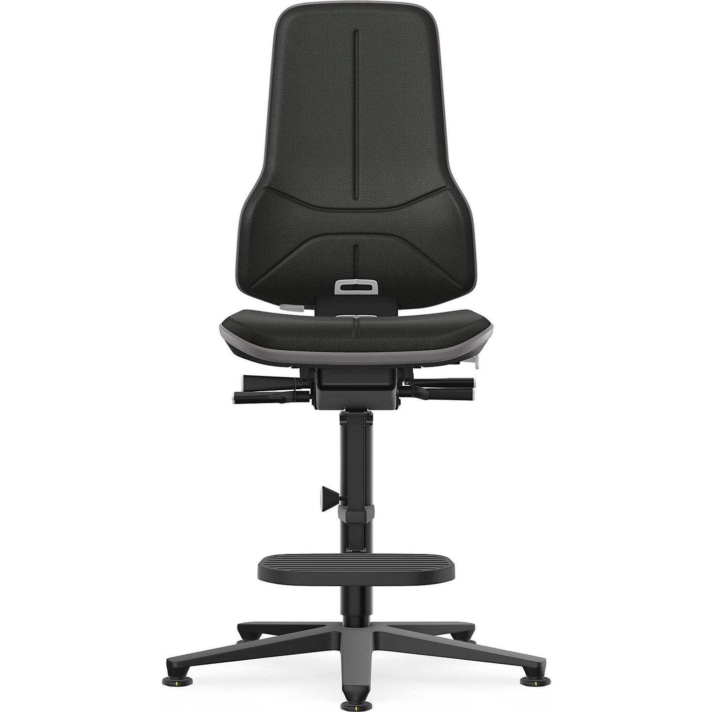 NEON ESD industrial swivel chair, floor glides, step-up, synchronous mechanism, fabric, grey bumper.