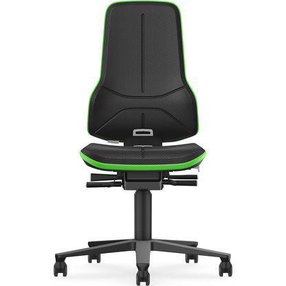 NEON ESD industrial swivel chair, castors, synchronous mechanism, skintec, green bumper.