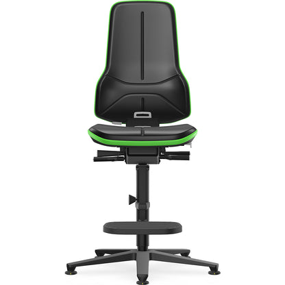 NEON ESD industrial swivel chair, floor glides, step-up, synchronous mechanism, vinyl, green bumper.