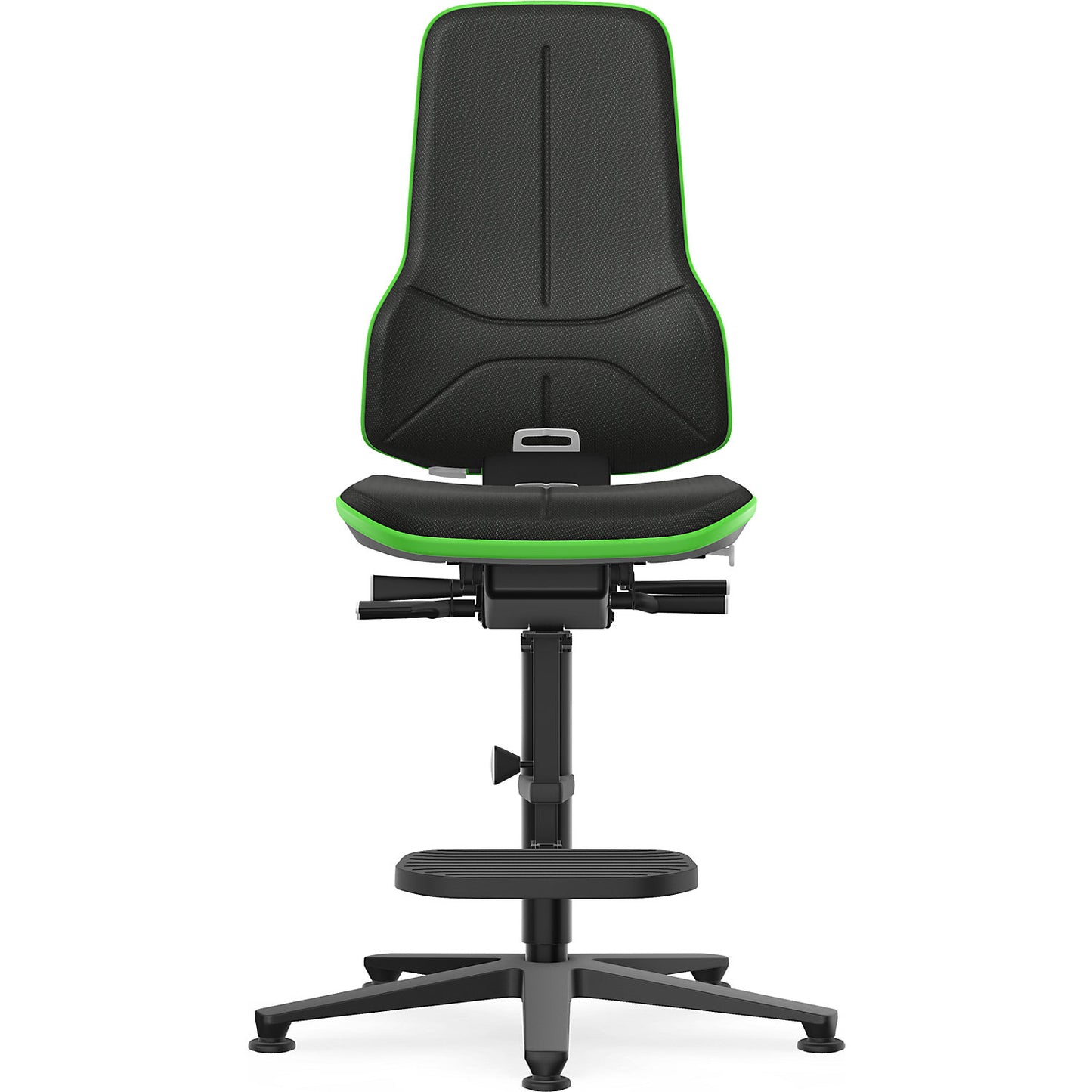 NEON industrial swivel chair, floor glides, step-up, synchronous mechanism, fabric, green bumper.