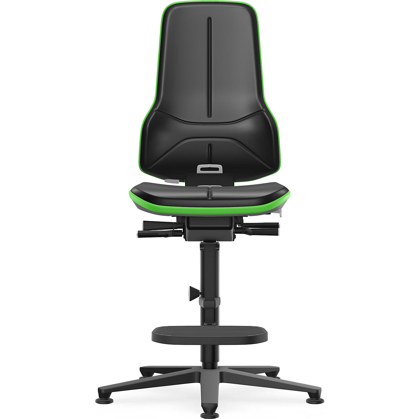 NEON industrial swivel chair, floor glides, step-up, synchronous mechanism, vinyl, green bumper.