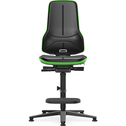 NEON industrial swivel chair, floor glides, step-up, synchronous mechanism, vinyl, green bumper.