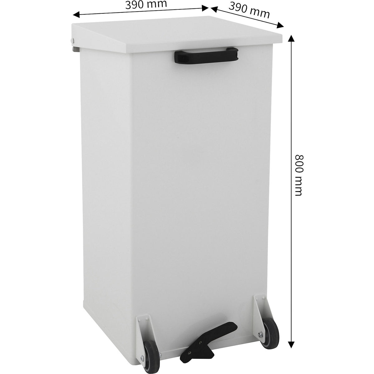 Pedal bin with castors, capacity 110 l, WxHxD 390 x 800 x 390 mm, white, without inner container.