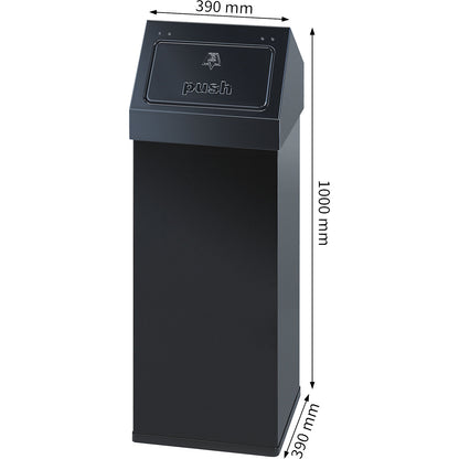Waste collector, aluminium, with push lid, capacity 110 L, WxHxD 390 x 1000 x 390 mm, black.