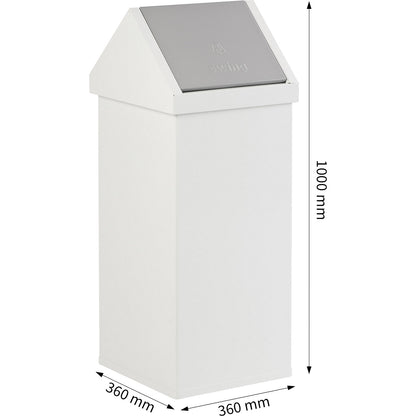 Waste collector, aluminium, with swing lid, capacity 110 l, WxHxD 360 x 1000 x 360 mm, white.
