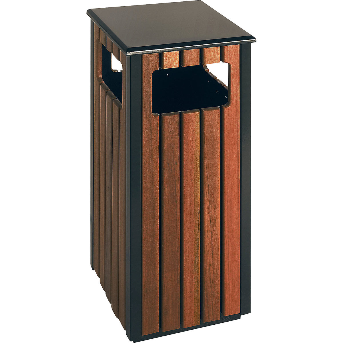 Outdoor waste collector, wood finish, capacity 36 l, rectangular, with 4 access openings.