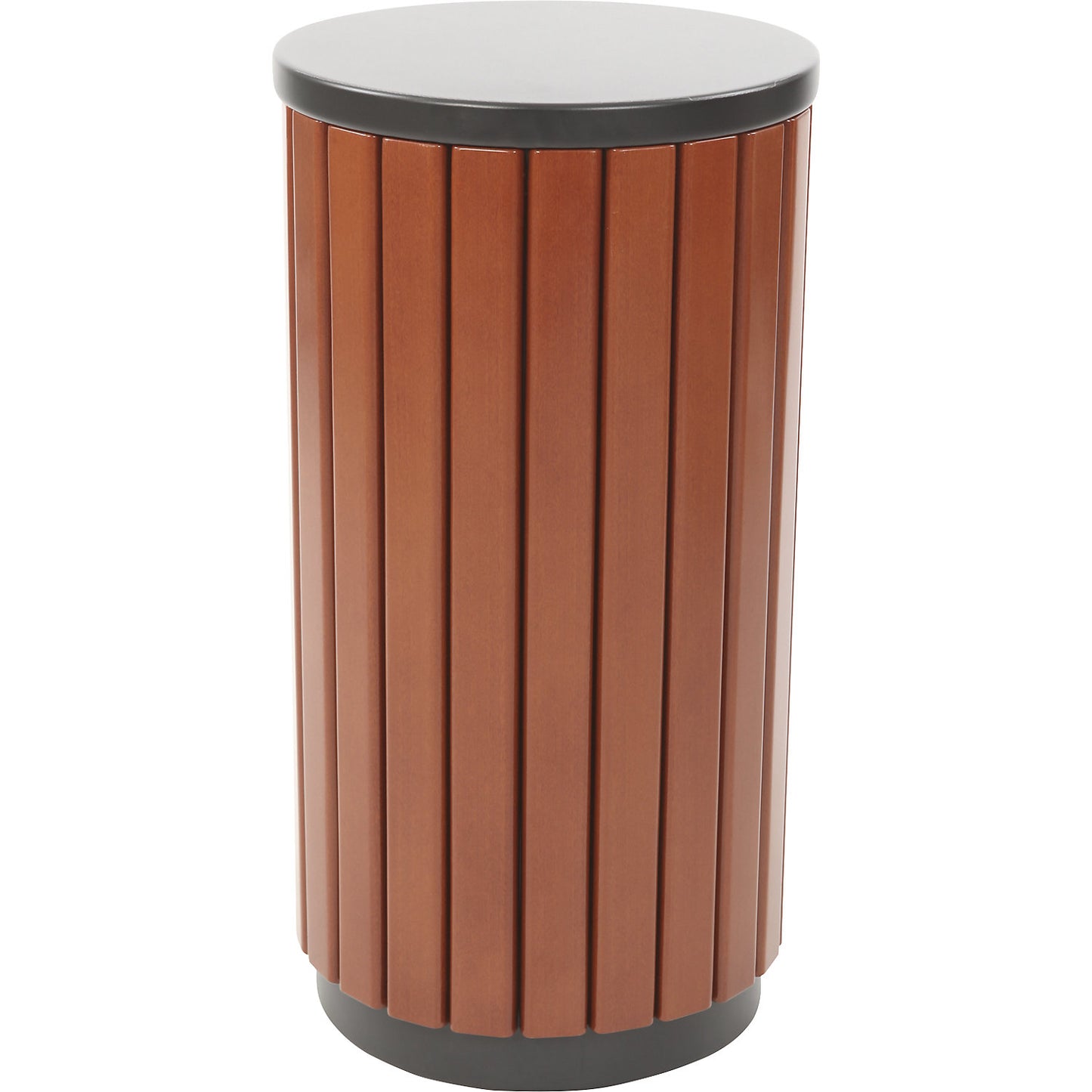 Outdoor waste collector, wood finish, capacity 33 l, round, deposit hole on one side.