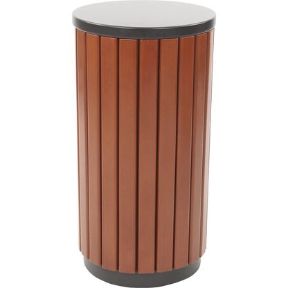 Outdoor waste collector, wood finish, capacity 33 l, round, deposit hole on one side.