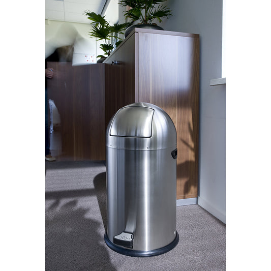 Push rubbish bin with pedal, capacity 33 l, HxØ 700 x 350 mm, stainless steel, matt finish.