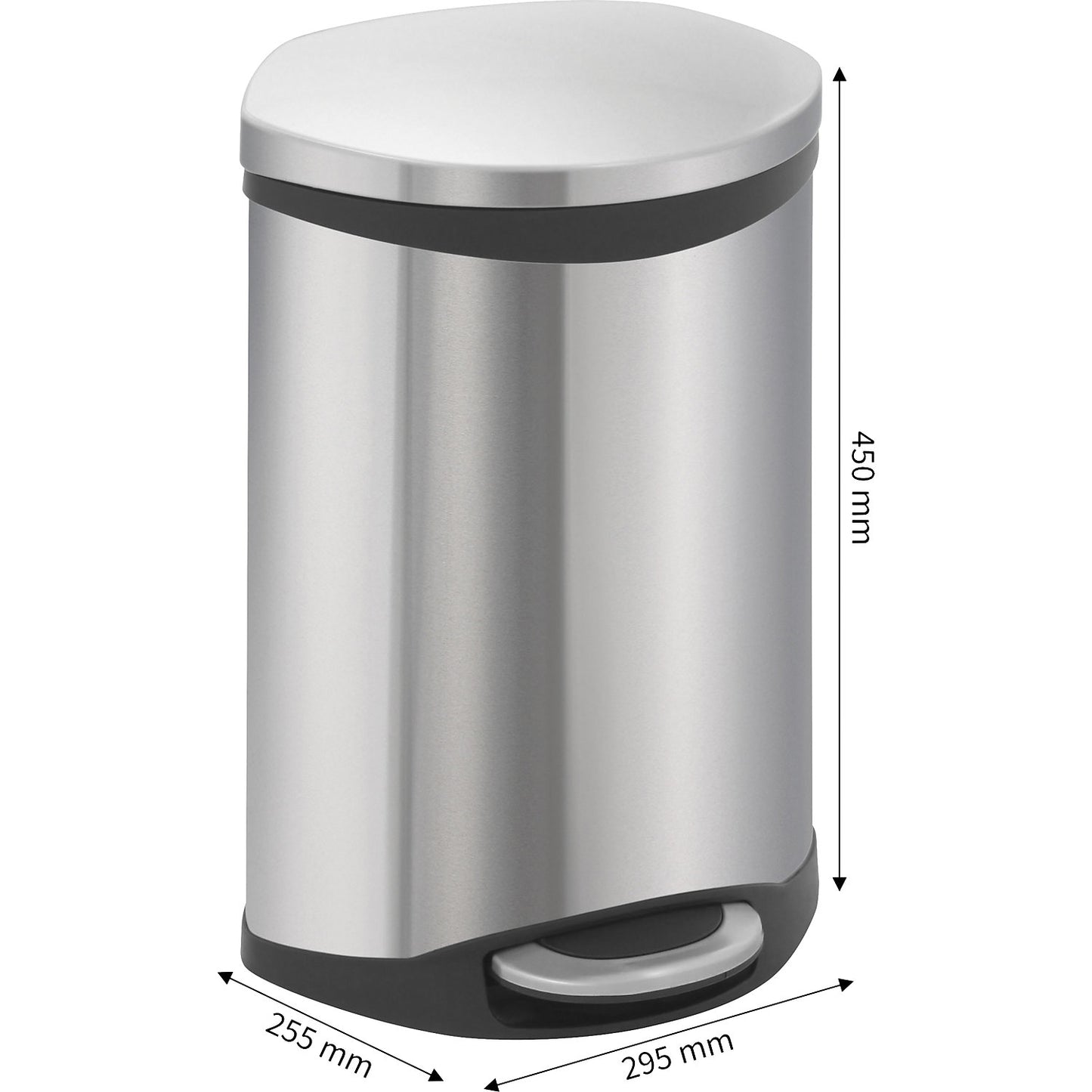 Waste collector with pedal, shell shape, capacity 10 l, HxWxD 450 x 255 x 295 mm, stainless steel body.