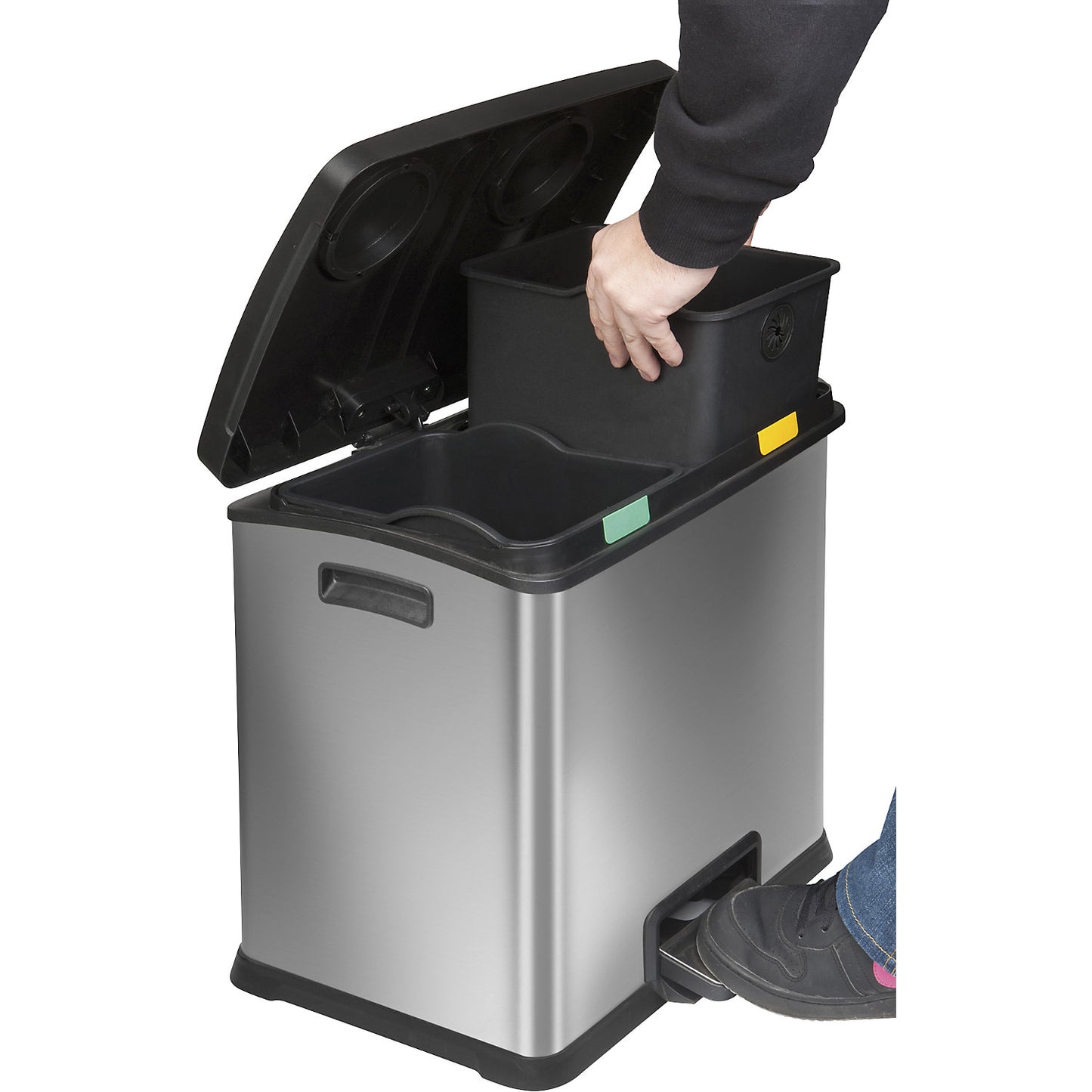 Pedal waste collector, capacity 2 x 12 l, WxHxD 382 x 431 x 405 mm, stainless steel, matt finish.
