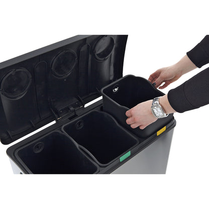 Pedal waste collector, capacity 3 x 12 l, WxHxD 592 x 431 x 382 mm, stainless steel, matt finish.