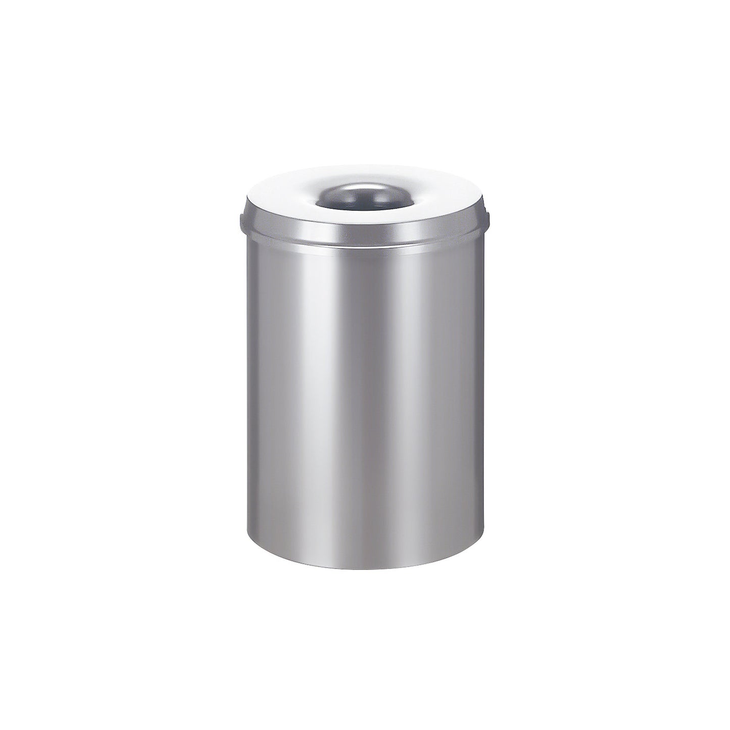 Safety waste paper bin, steel, self-extinguishing, capacity 30 l, HxØ 470 x 335 mm, body silver / extinguishing lid silver.