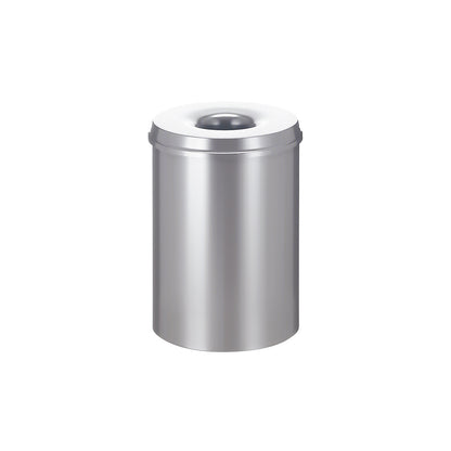 Safety waste paper bin, steel, self-extinguishing, capacity 30 l, HxØ 470 x 335 mm, body silver / extinguishing lid silver.