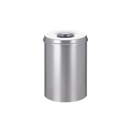 Safety waste paper bin, steel, self-extinguishing, capacity 30 l, HxØ 470 x 335 mm, body silver / extinguishing lid silver.