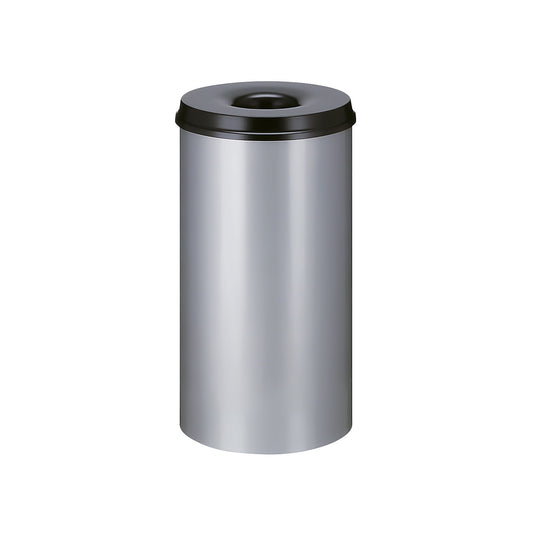 Safety waste paper bin, steel, self-extinguishing, capacity 50 l, HxØ 625 x 335 mm, body grey / extinguishing lid black.