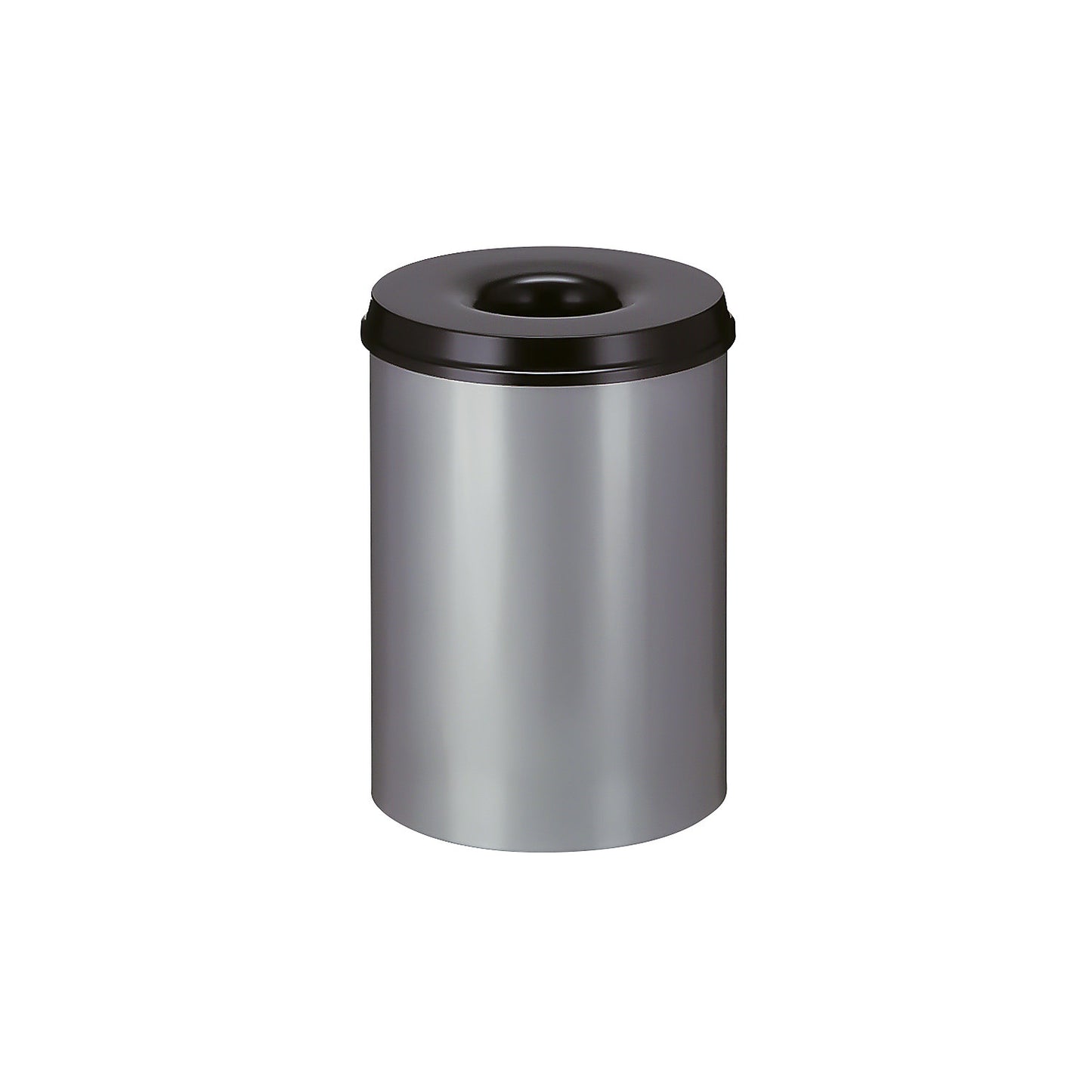 Safety waste paper bin, steel, self-extinguishing, capacity 30 l, HxØ 470 x 335 mm, body grey / extinguishing lid black.