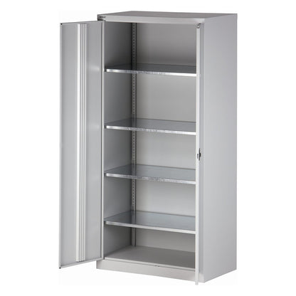 UNIVERSAL double door cupboard, HxWxD 1950 x 914 x 500 mm, 4 zinc plated shelves, 5 file heights, light grey / Oxford blue.