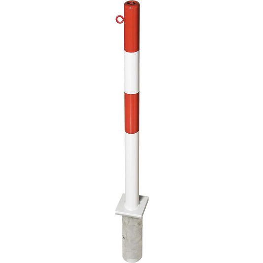 Barrier post made of steel, for setting in concrete, Ø 60 mm, red/white, 1 chain eyelet.