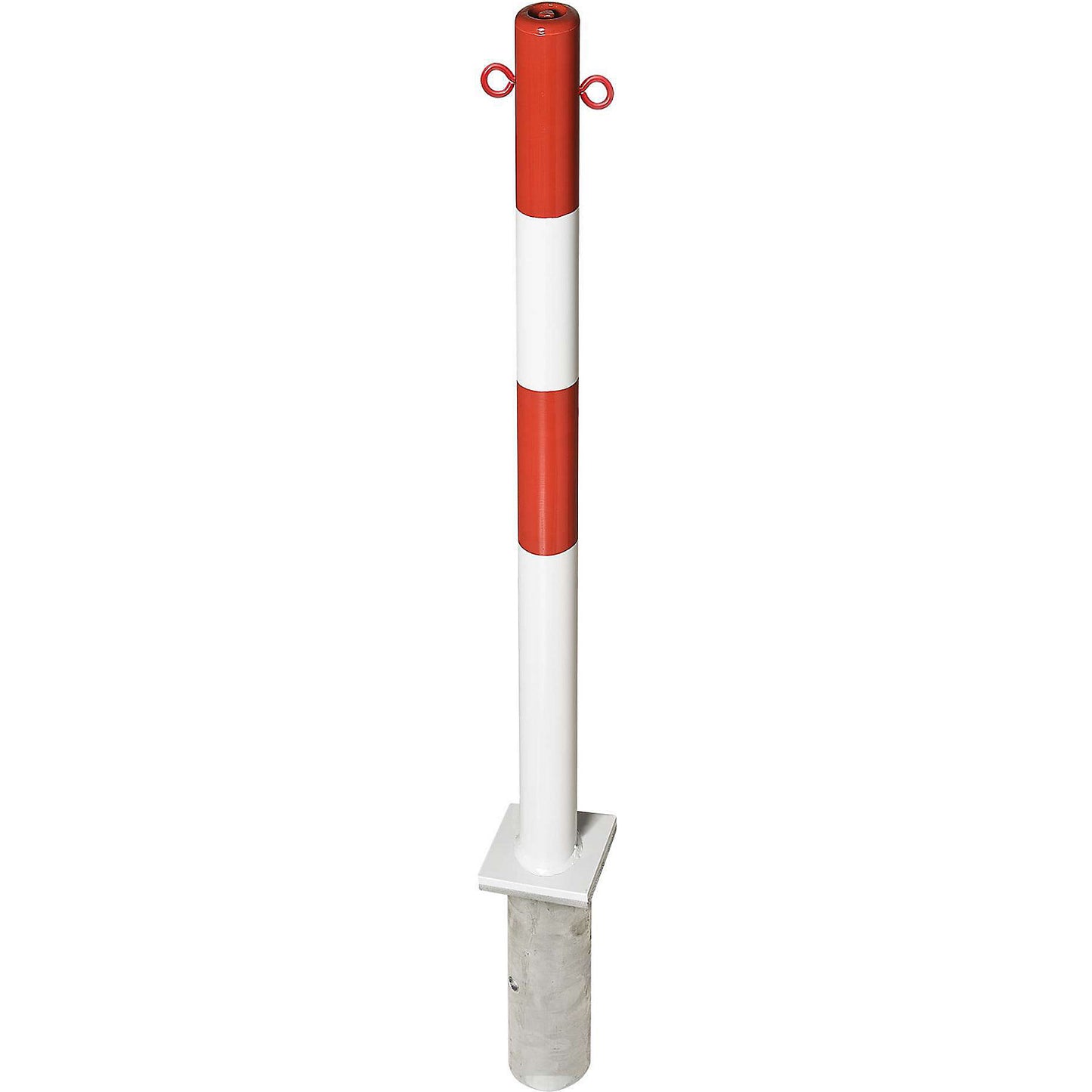 Barrier post made of steel, for setting in concrete, Ø 60 mm, red/white, 2 chain eyelets.