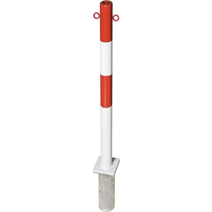 Barrier post made of steel, for setting in concrete, Ø 60 mm, red/white, 2 chain eyelets.