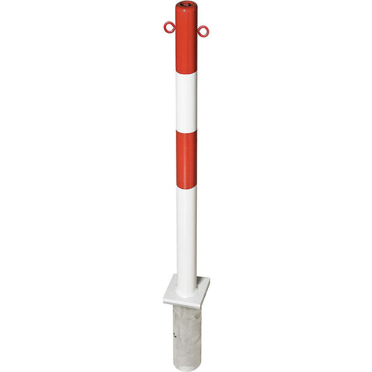 Barrier post made of steel, for setting in concrete, Ø 60 mm, red/white, 2 chain eyelets.
