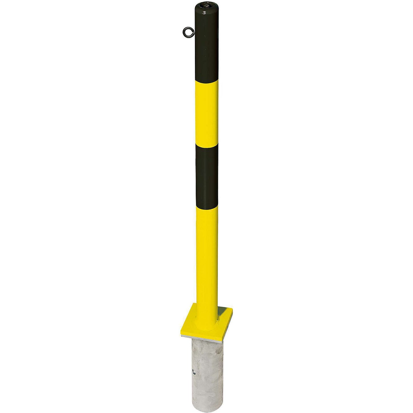 Barrier post made of steel, for setting in concrete, Ø 60 mm, black/yellow, 1 chain eyelet.