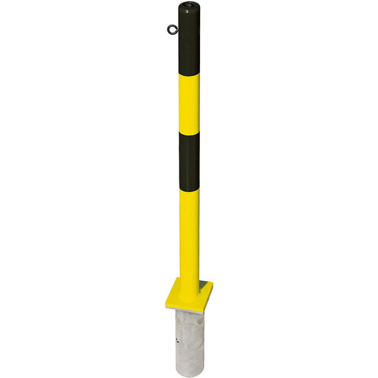 Barrier post made of steel, for setting in concrete, Ø 60 mm, black/yellow, 1 chain eyelet.